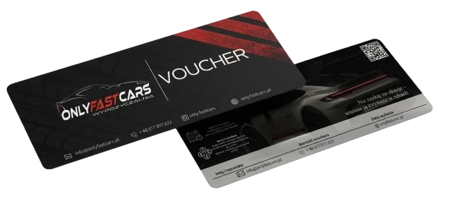 Voucher podarunkowy Only Fast Cars; czarny przód karty z logo i srebrny tył z polami na kwotę i imię